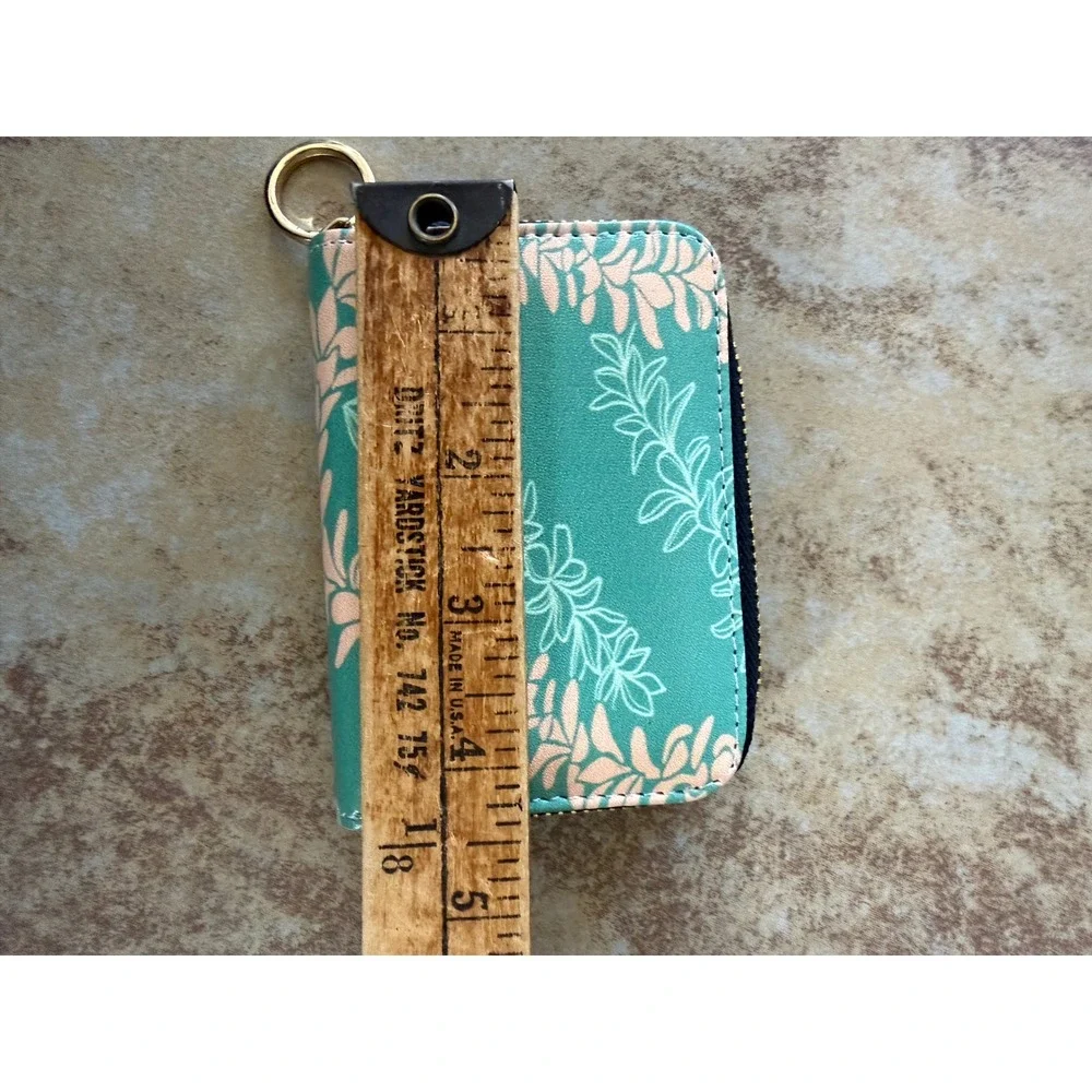Leiohu Teal Floral Lei Accordion Card Holder Zip Around Wallet Gold Ring Pull